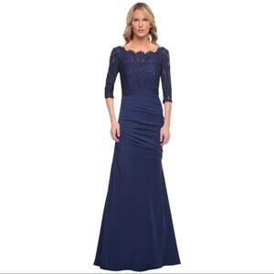 La Femme Gathered Lace Mermaid Gown Navy 24926 Size 6 NWT